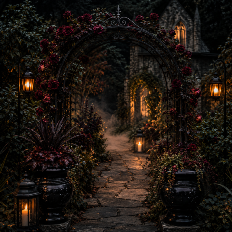 Gothic Garden Decor: Iron Arches, Stone Features, and Dark Pots for a Moody Outdoor Space